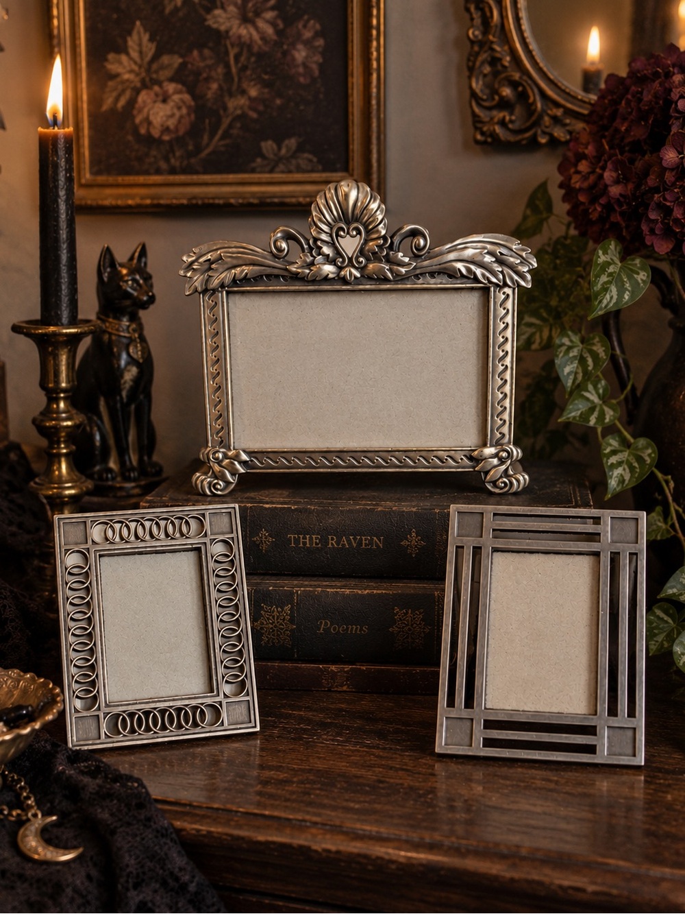 Vintage Silver Tone Picture Frames Art Deco Ornate Home Decor Maximalist Gothic